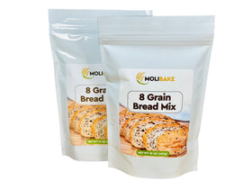 Molibake 8-grain bread mix pack-2 open bag showcases natural multigrain ingredients for fresh homemade bread.