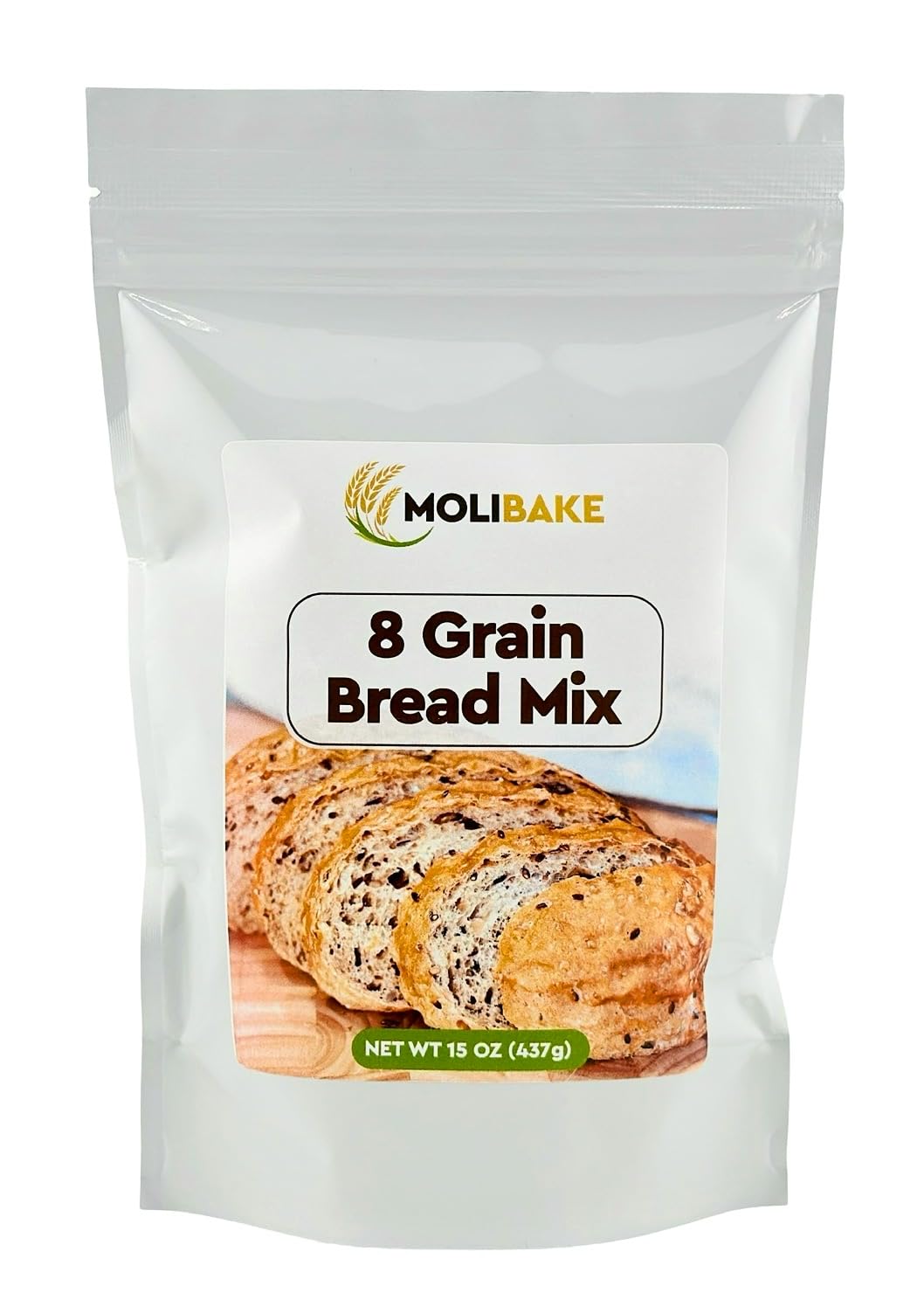 Molibake 8 Grain Bread Mix package front view shows all natural ingredients.