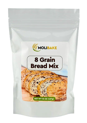 Molibake 8 Grain Bread Mix package front view shows all natural ingredients.