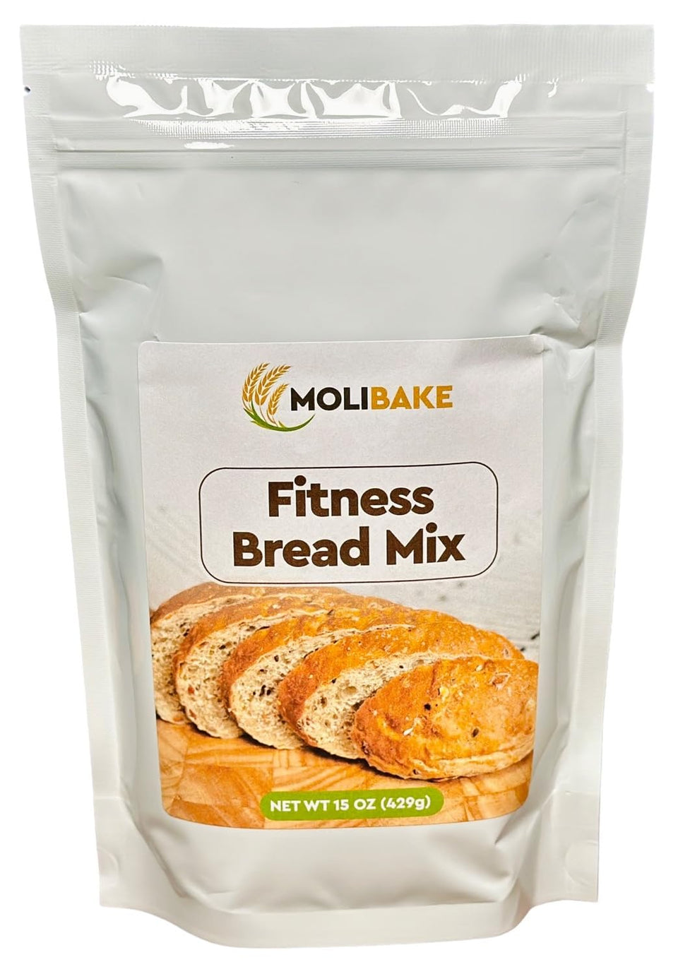 Molibake Fitness Bread Mix packaging shows clean-label ingredients for home baking