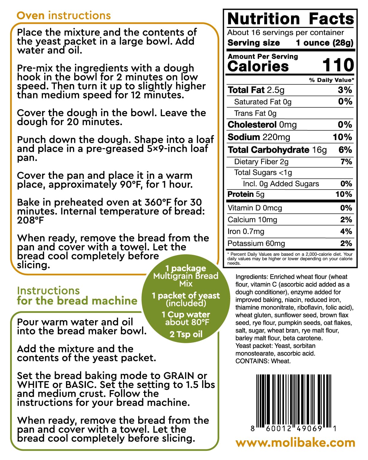 Molibake Multigrain Bread Mix close-up showing seeds and grains for flavor