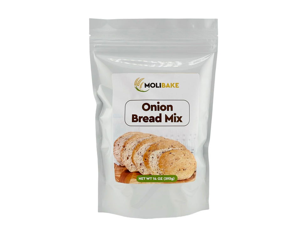 Molibake Onion Bread Mix bag front shows all-natural ingredients for wholesome home baking.