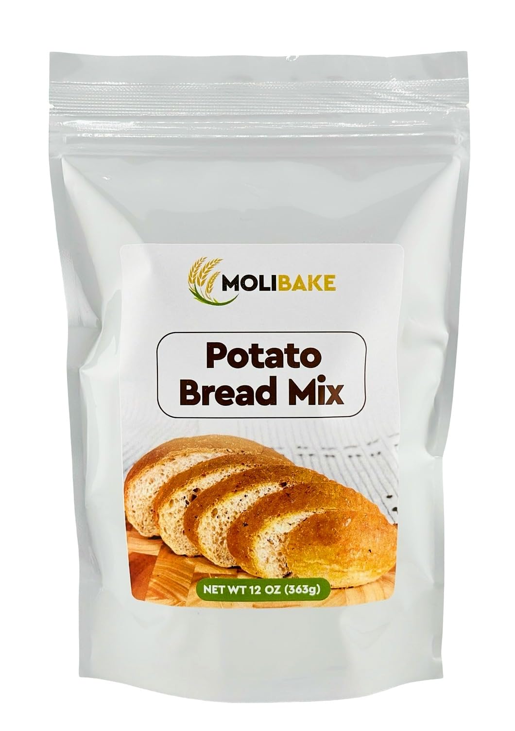 Molibake Potato Bread Mix packaging highlights clean-label ingredients for home baking.