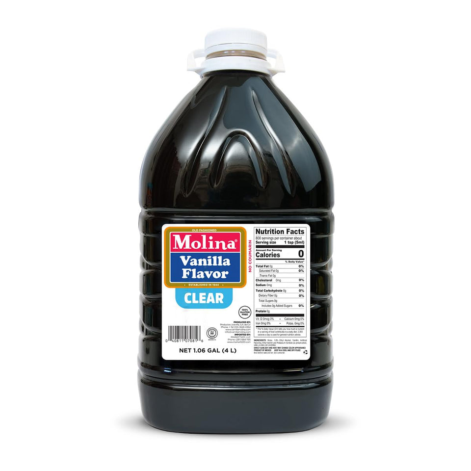Molina Clear Vanilla Extract bottle shows colorless flavor for vibrant desserts.