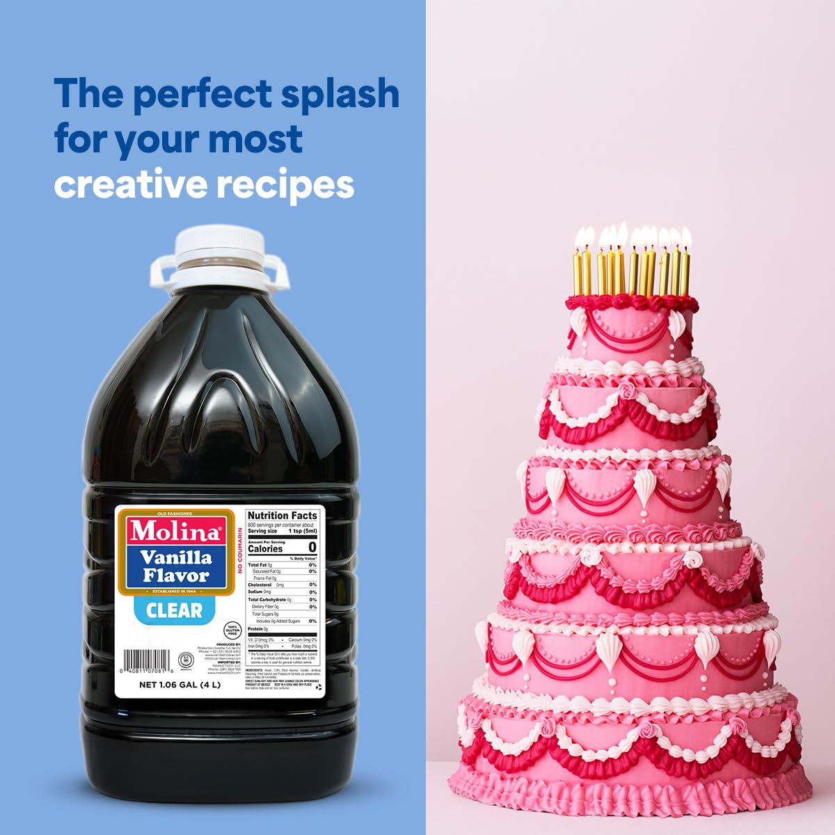 Molina Clear Vanilla Extract enhances cakes and cookies without altering color.