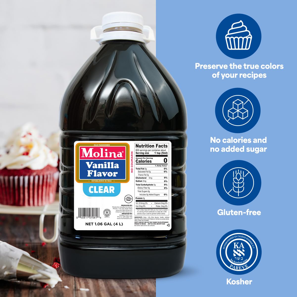Molina Clear Vanilla Extract label highlights transparent vanilla for color-preserving recipes.