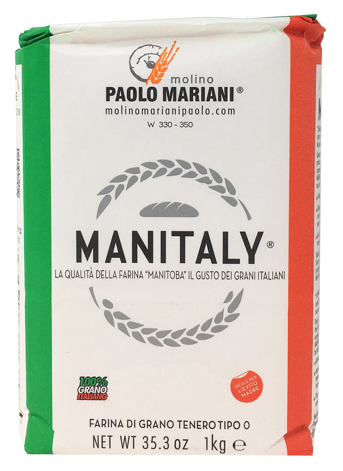 Molino Paolo Mariani Manitaly flour packaging with QR code showing traceable Italian quality.