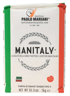 Molino Paolo Mariani Manitaly flour packaging with QR code showing traceable Italian quality.