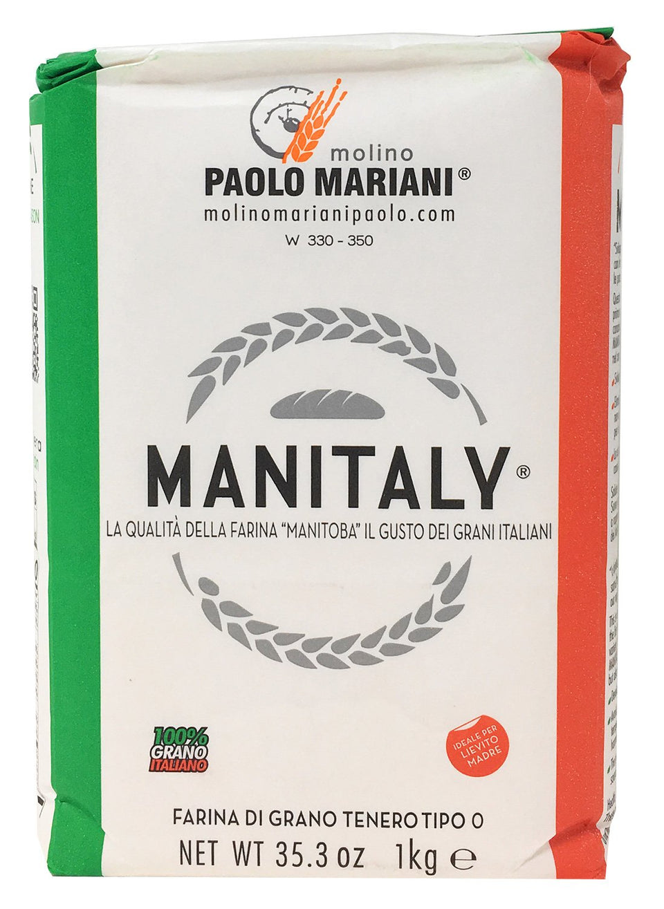 Molino Paolo Mariani Manitaly flour packaging with QR code showing traceable Italian quality.