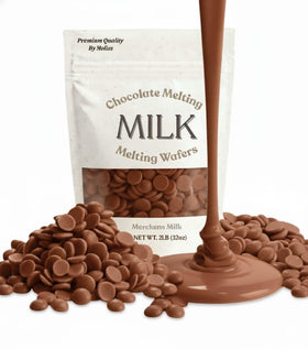 Moliss milk chocolate melting wafers close-up, ideal for smooth coating and candy making.