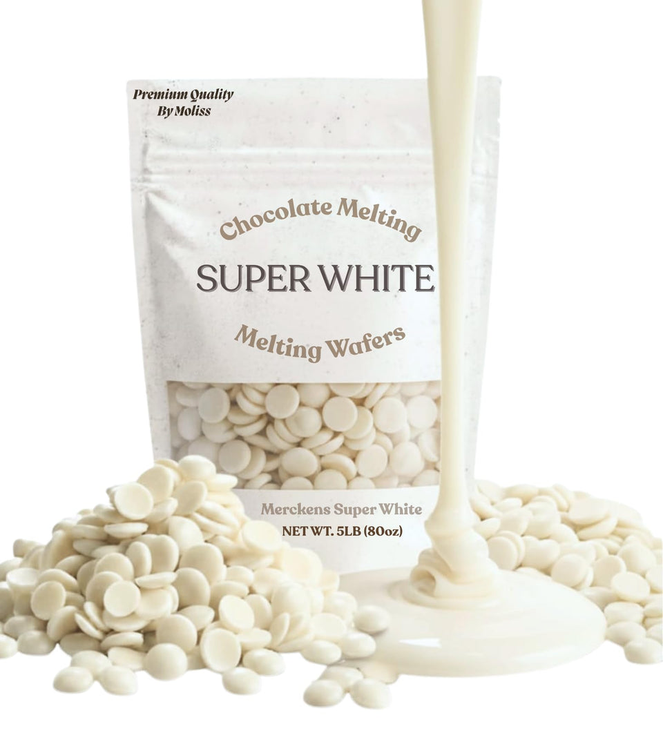 Moliss Super White Melting Wafers in a 5 lb bag ready for easy candy making.