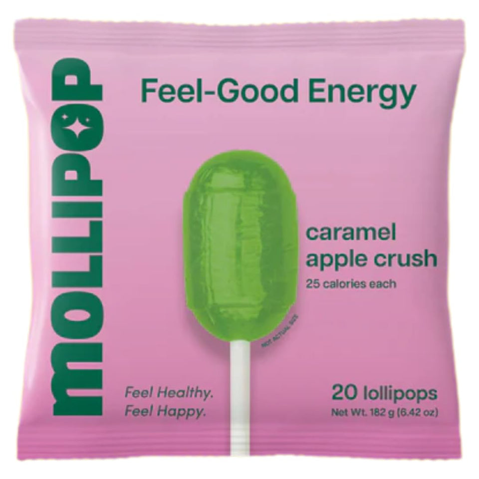 Mollipop Feel-Good lollipops caramel apple packaging in resealable bag.