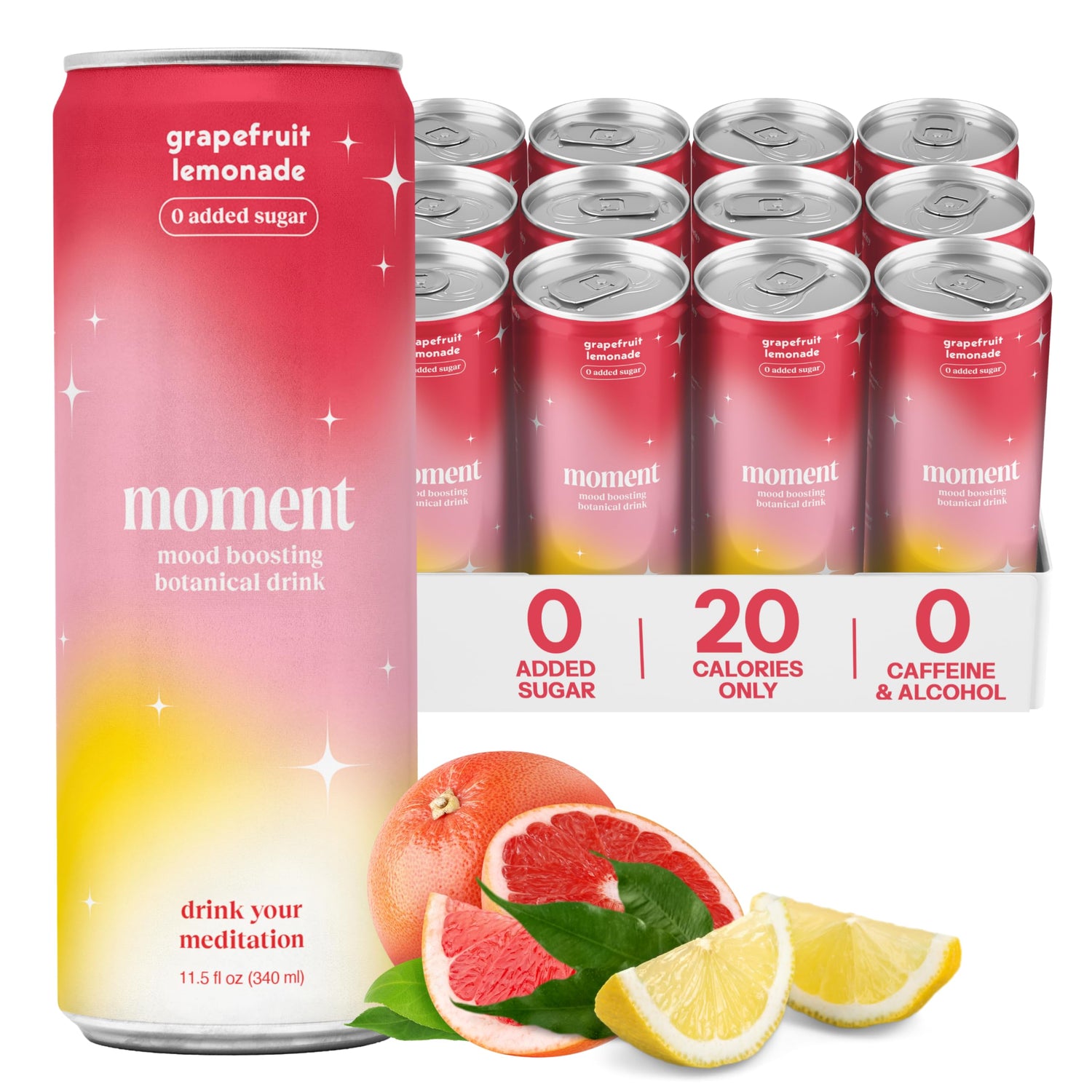 Moment bottle closeup shows a refreshing zero sugar, caffeine-free sip for calm moments