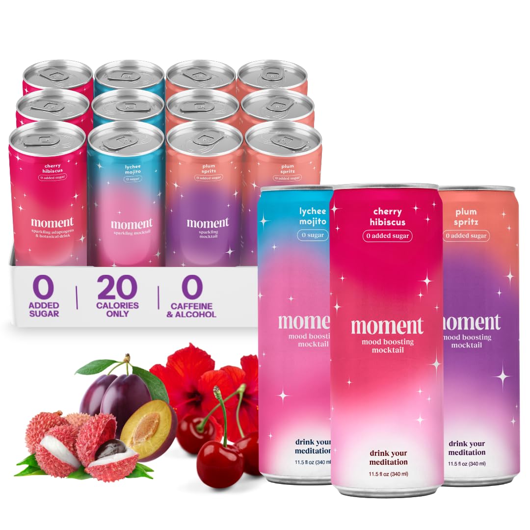Moment Mocktails Cherry Hibiscus bottle demonstrates a zero sugar, relaxing evening option.