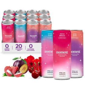 Moment Mocktails Cherry Hibiscus bottle demonstrates a zero sugar, relaxing evening option.