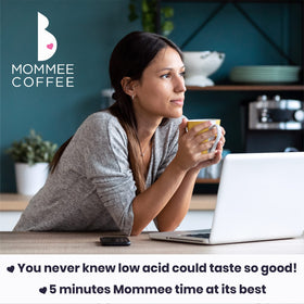 Mommee Coffee decaf drip brew image—low acid profile ideal for sensitive stomach mornings.