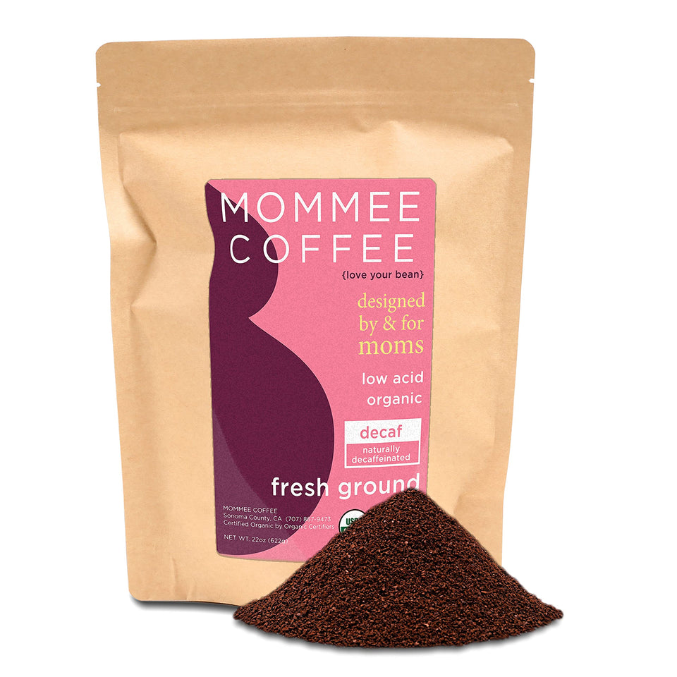 Mommee Coffee Decaf ground 22oz bag with organic, fair trade beans for a balanced cup