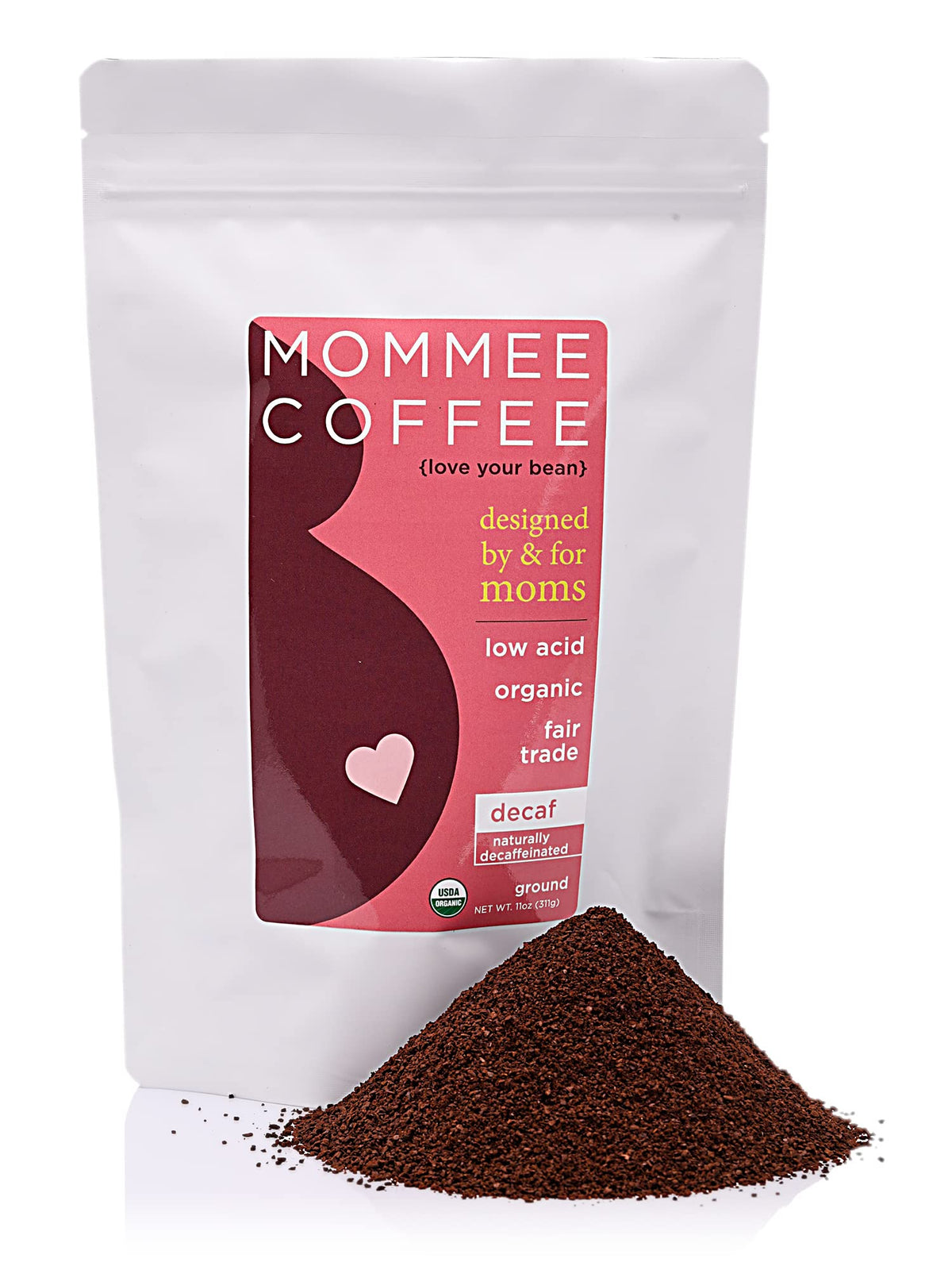 Mommee Coffee decaf ground bag organic beans for fresh drip or cold brew.