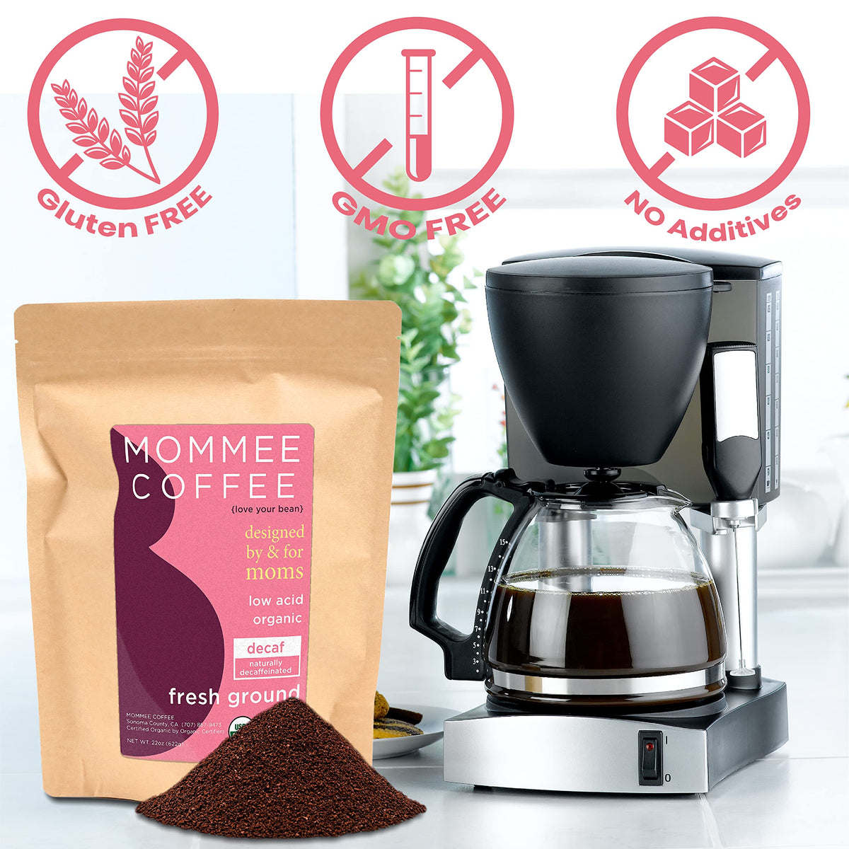 Mommee Coffee Decaf organic seal indicates certified organic sourcing and transparency