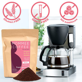 Mommee Coffee Decaf organic seal indicates certified organic sourcing and transparency