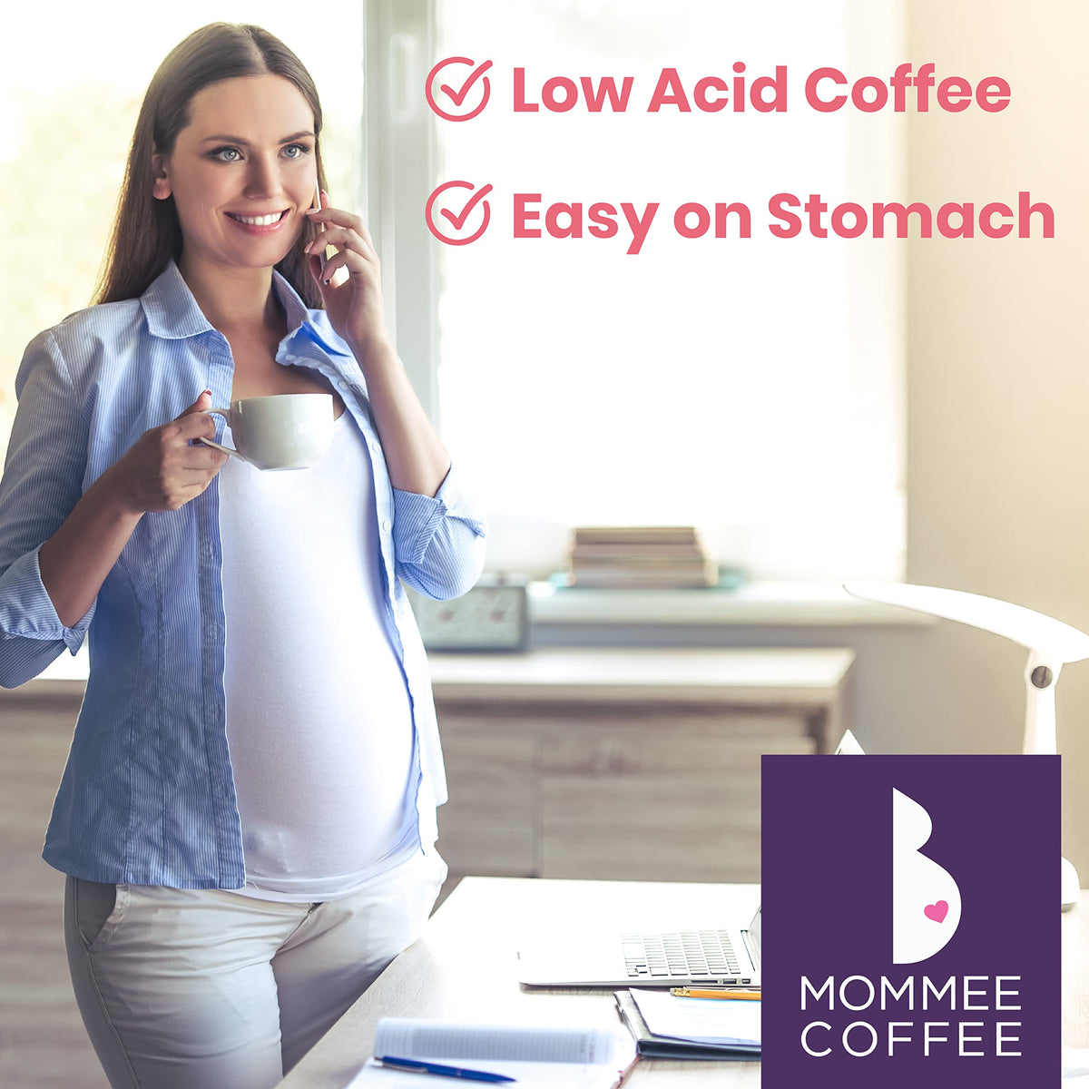 Mommee Coffee Decaf packaging closeup highlights water processing and low-acid character