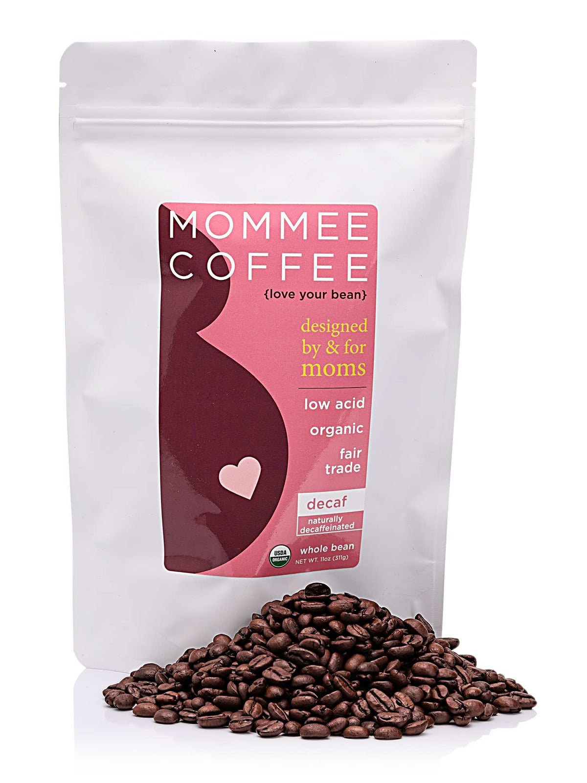 Mommee Coffee decaf whole-bean bag showing natural decaffeination for low-acid flavor.
