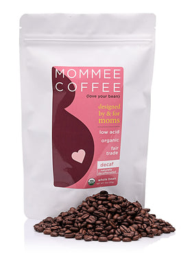 Mommee Coffee decaf whole-bean bag showing natural decaffeination for low-acid flavor.