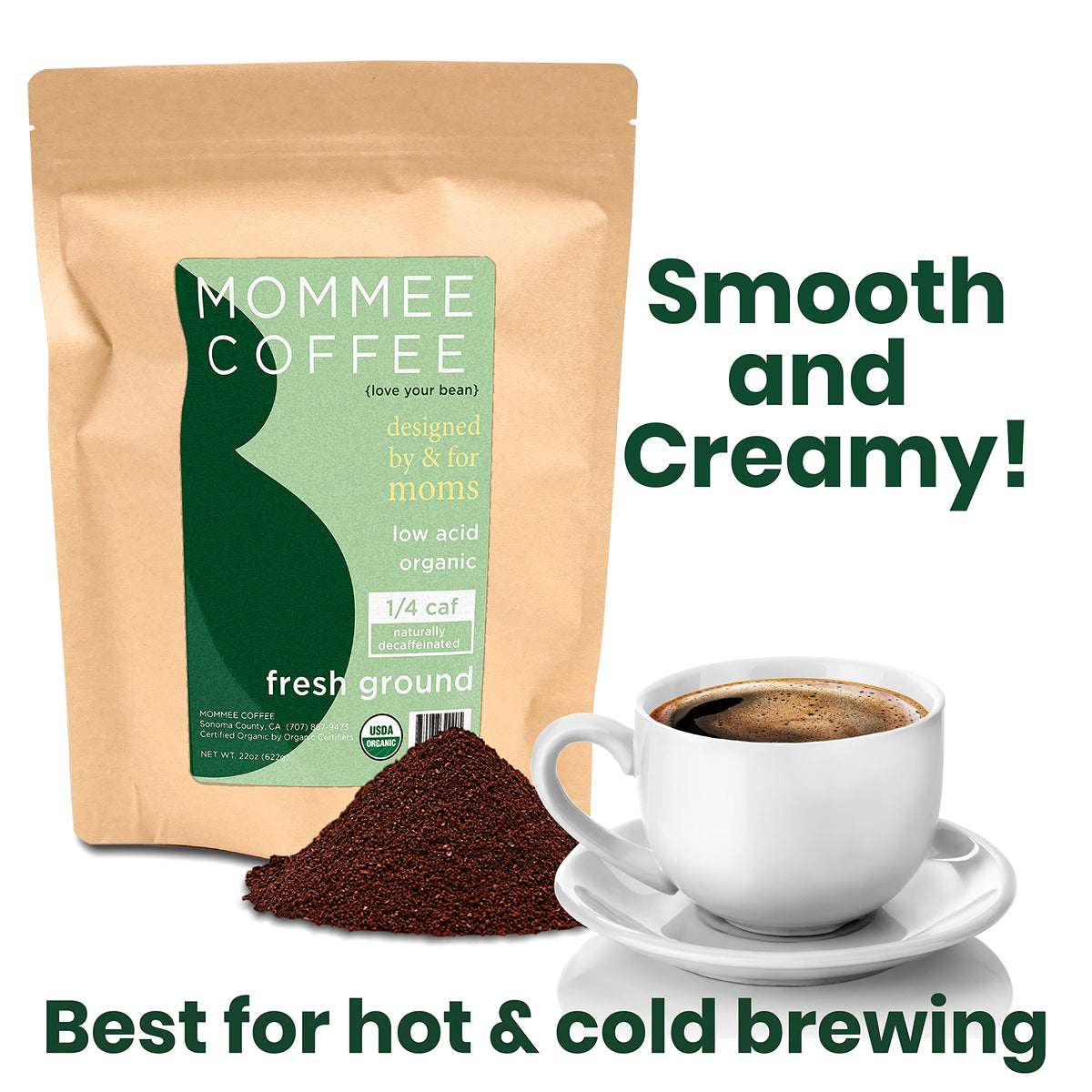 Mommee Coffee ground bag showing organic, fair trade credentials for responsible sourcing.
