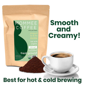 Mommee Coffee ground bag showing organic, fair trade credentials for responsible sourcing.