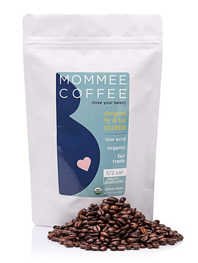 Mommee Coffee Half Caf beans in a bag show organic, smooth, low-acid flavor.