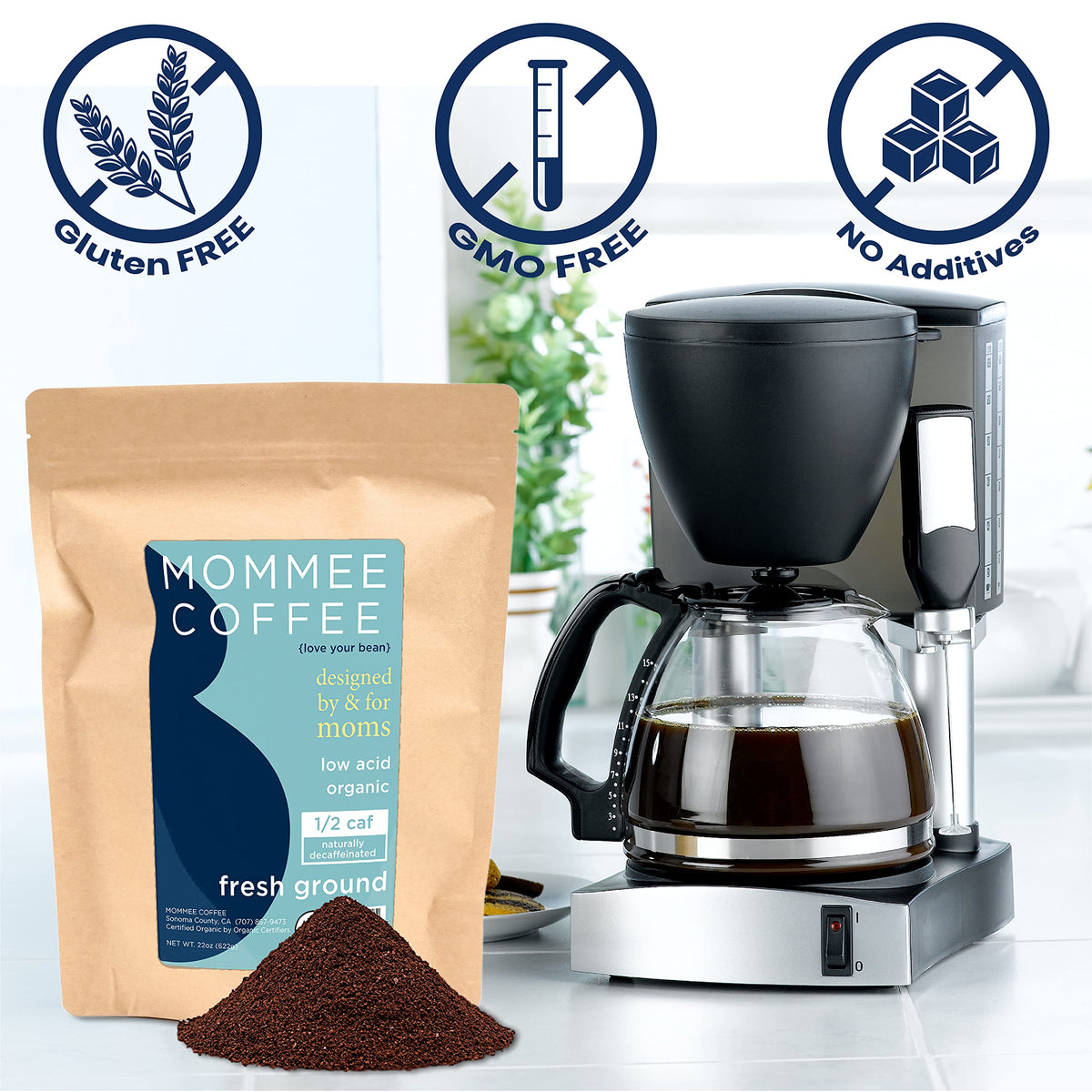 Mommee Coffee Half Caf brew setup enables balanced flavor with reduced caffeine.