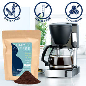 Mommee Coffee Half Caf brew setup enables balanced flavor with reduced caffeine.