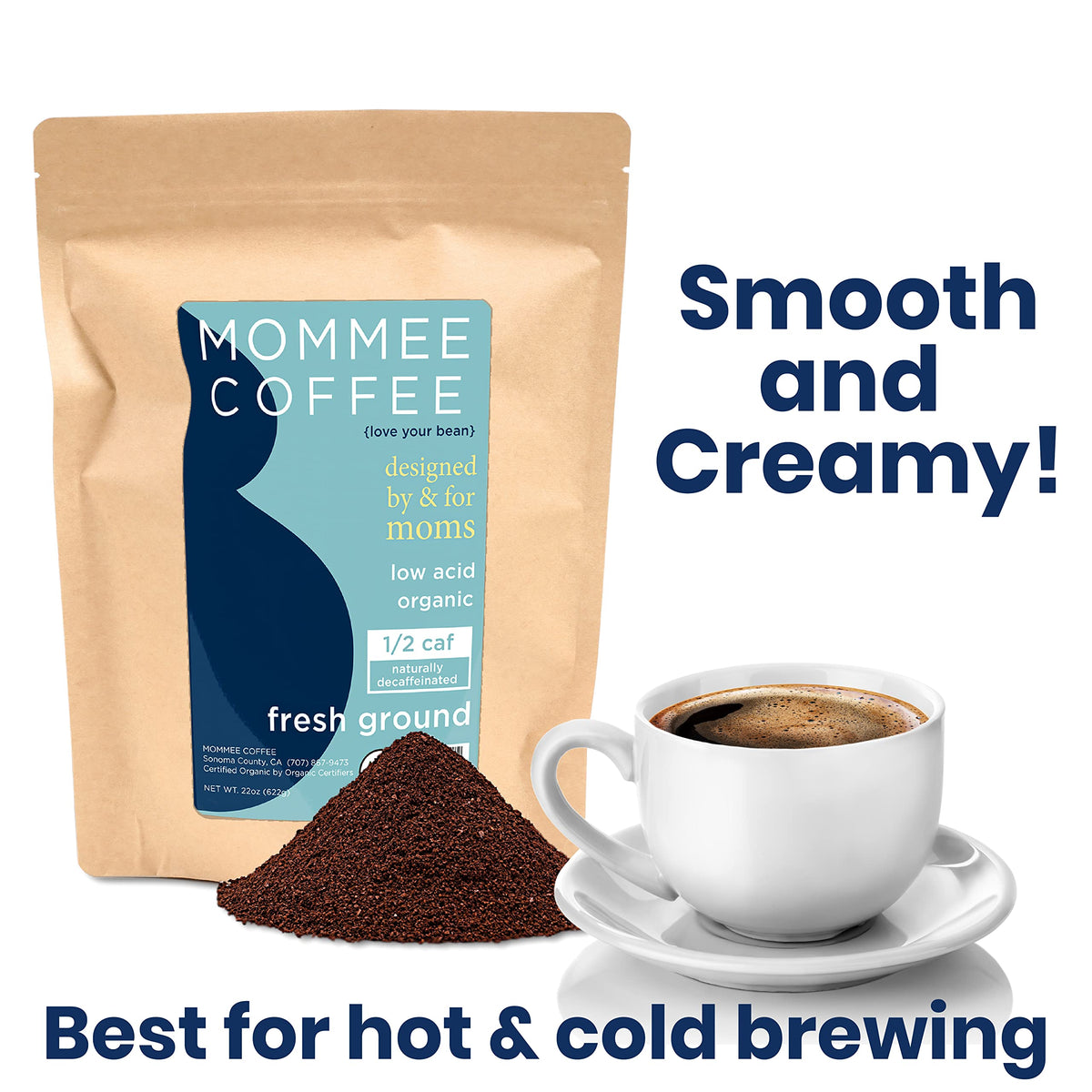Mommee Coffee Half Caf ground coffee delivers low acidity for smooth everyday brewing.