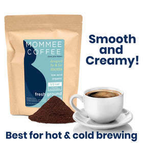 Mommee Coffee Half Caf ground coffee delivers low acidity for smooth everyday brewing.