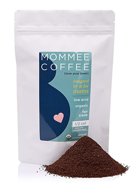 Mommee Coffee Half Caf packaging in a resealable 11 oz pouch preserves freshness.
