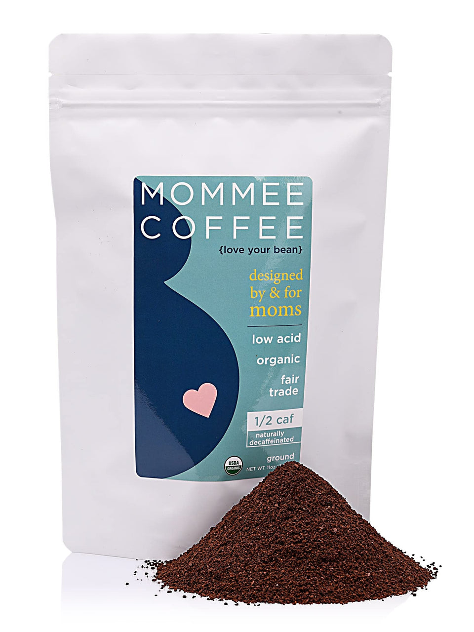 Mommee Coffee Half Caf packaging in a resealable 11 oz pouch preserves freshness.