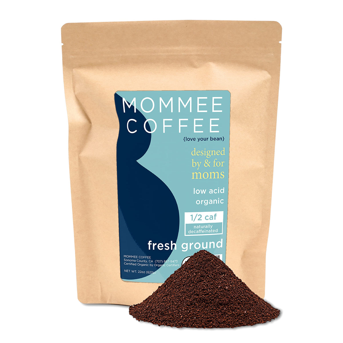 Mommee Coffee Half Caf packaging shows organic, fair-trade beans for a responsible brew.