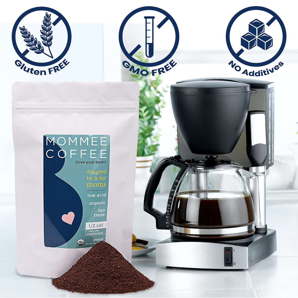 Mommee Coffee Half Caf demonstrates low chlorogenic acid for a milder cup.