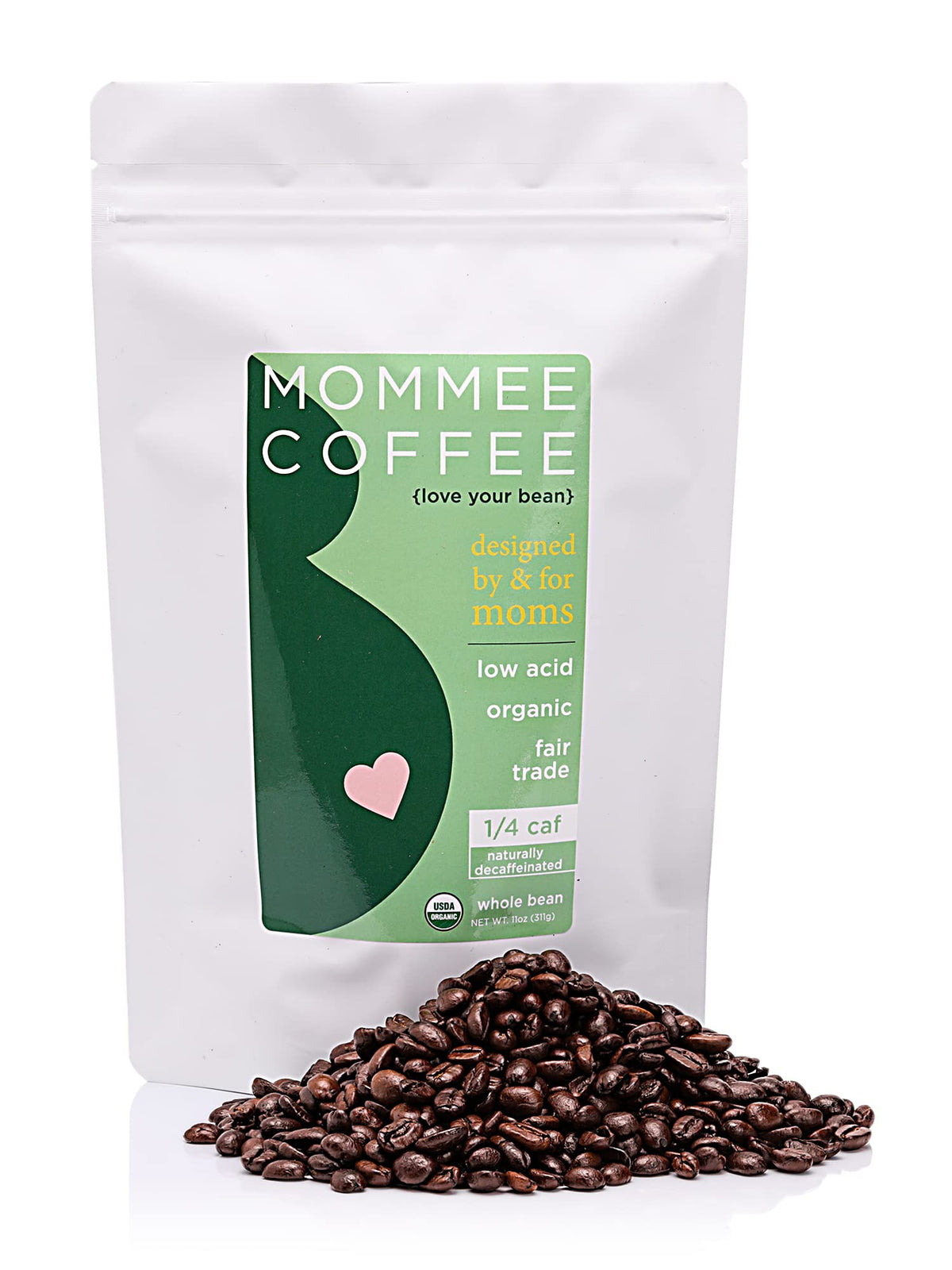 Mommee Coffee Quarter Caf beans in a sealed pouch for fresh flavor from first to last sip.