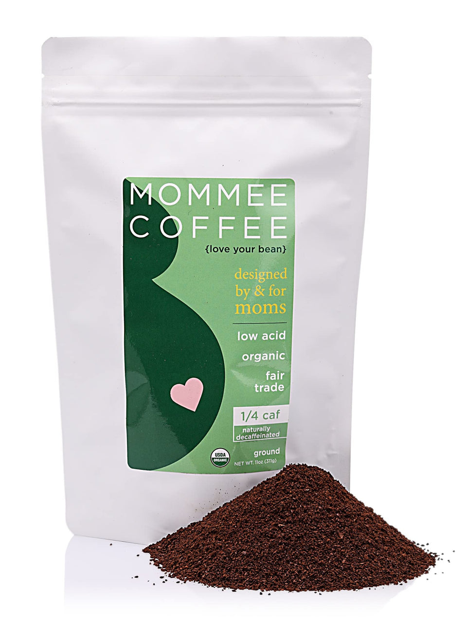 Mommee Coffee Quarter Caf ground coffee bag front ready for smooth brews.