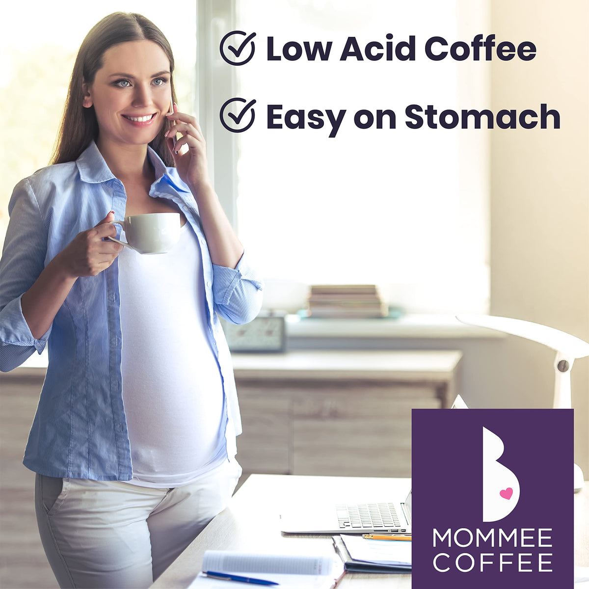 Mommee Coffee steaming cup evokes fresh aroma and smooth finish.
