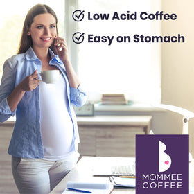 Mommee Coffee steaming cup evokes fresh aroma and smooth finish.