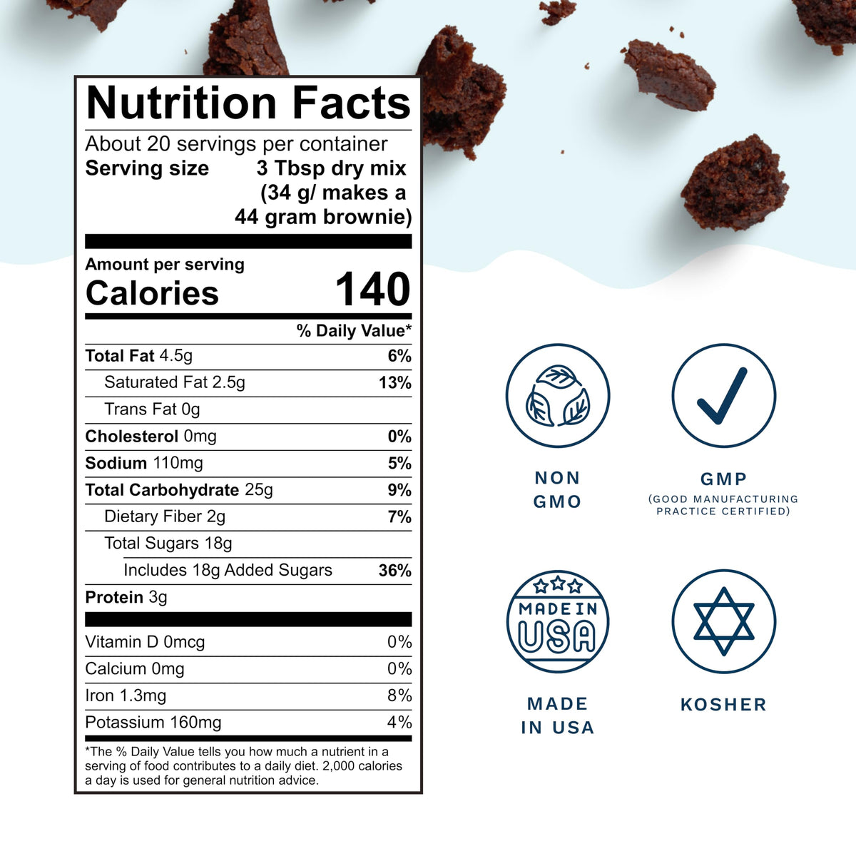 Mommy Knows Best 150 calories per serving badge on brownie packaging