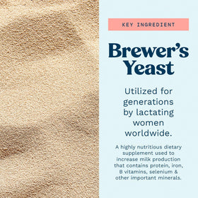 Mommy Knows Best brewer's yeast powder bottle closeup, rich in B vitamins for energy.