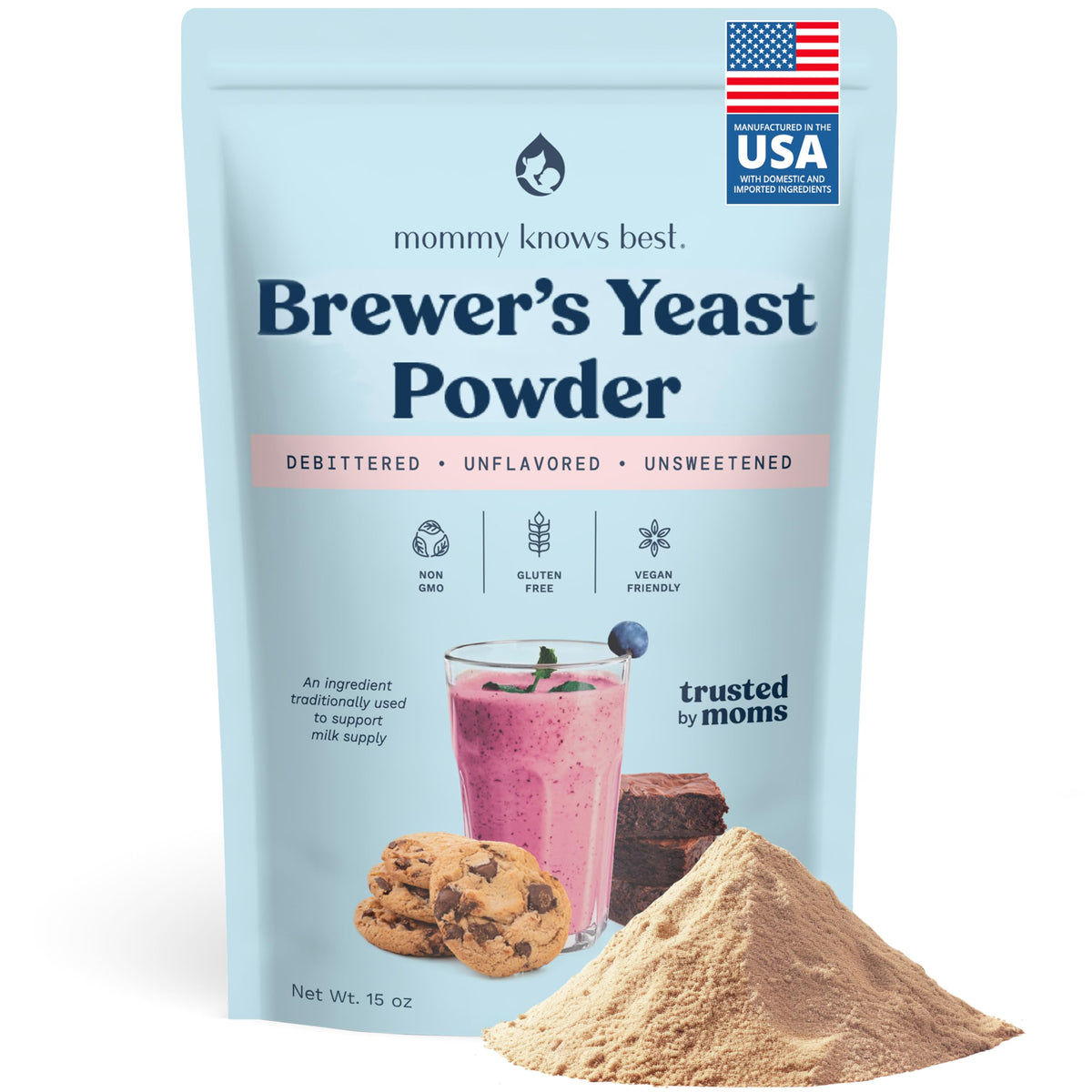 Mommy Knows Best brewer's yeast powder bottle for breastfeeding support