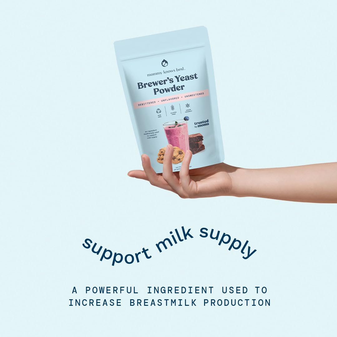 Close-up of Mommy Knows Best label on brewer's yeast powder
