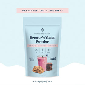 Mommy Knows Best brewer's yeast powder in smoothie glass, boosts nutrition.