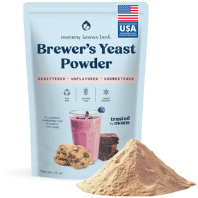 Mommy Knows Best brewer's yeast powder tub, gluten-free and great for lactation recipes.
