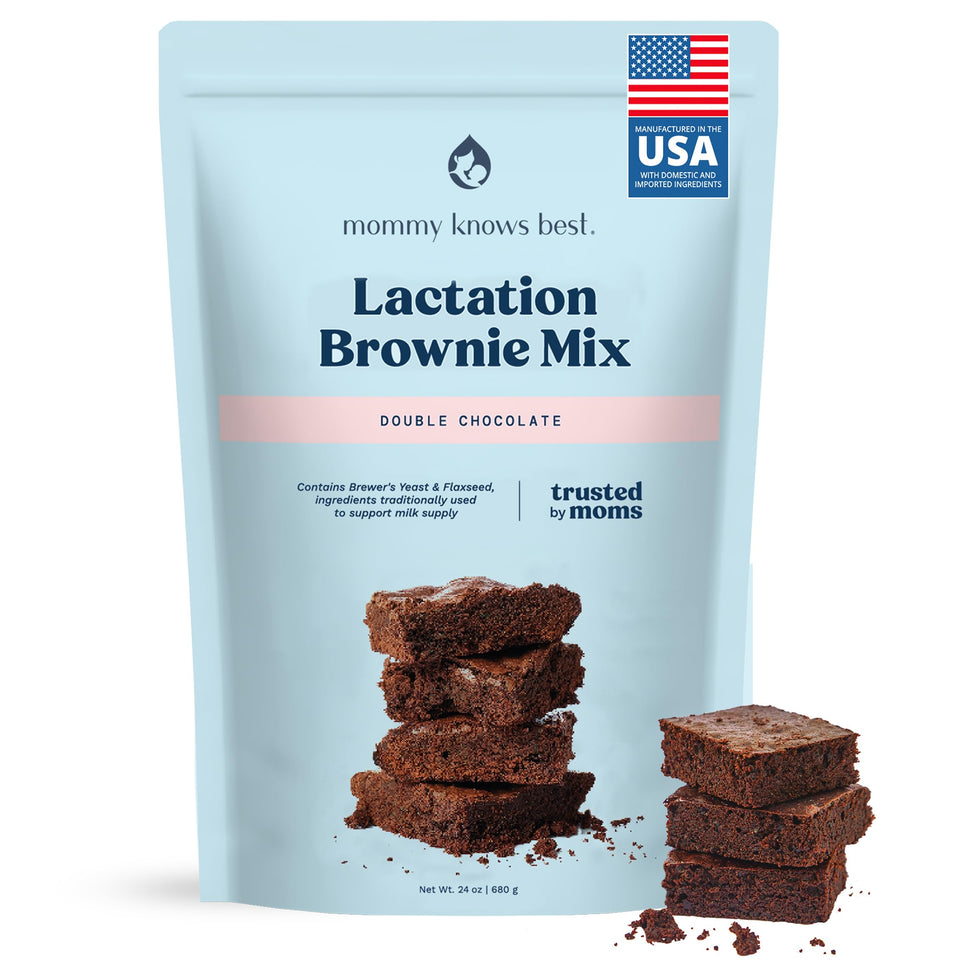 Mommy Knows Best Lactation Brownie packaging shows a goats rue free snack option