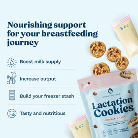 Closeup of a Mommy Knows Best chocolate chip cookie, a tasty lactation snack for nursing moments.